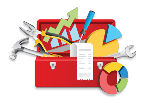 A red toolbox filled with tools, charts and graphs.