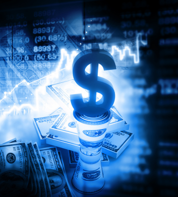 digital graphics representing money including bills and a large dollar sign
