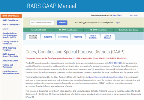 Screenshot of main page of online BARS Manual for GAAP governments