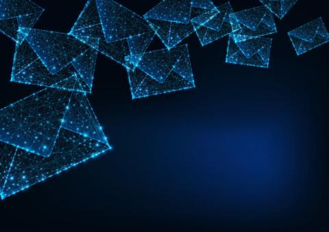 Futuristic glowing low polygonal mail envelopes made of lines, dots, light particles and copy space for text on dark blue background.