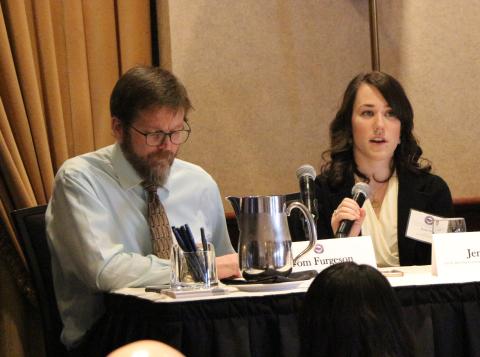 Performance auditor Jenna Noll speaks during a presentation at the Pacific Northwest Intergovernmental Auditors Forum March 16 at Victoria, B.C. Assistant Director for Performance Audit Tom Furgeson is shown at left.