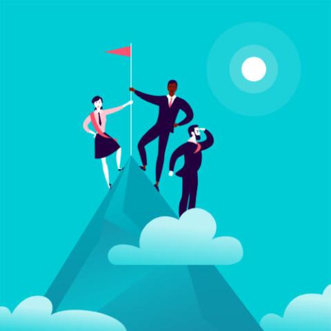 Illustration with business people standing on mountain peak top holding flag on blue clouded sky background.