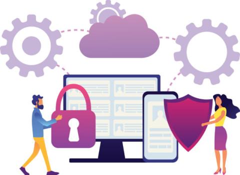 An illustration of cybersecurity. There are two people: one holding a padlock and the other a shield. They are standing in front of a computer and mobile device, which are connected to gears and a cloud.