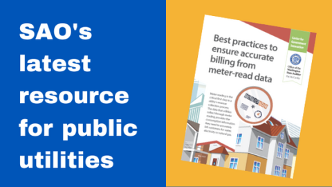 A picture that says "SAO's latest resource for public utilities." The picture includes the cover of the resource, which is titled "Best practices to ensure accurate billing from meter-read data."