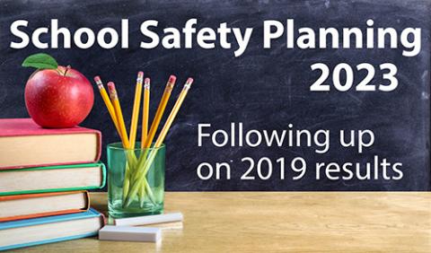 A picture of a desk with a stack of books, apple, glass of pencils and chalk. There is a blackboard in the background that says "School Safety Planning 2023: Following on 2019 results."