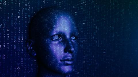 Digital art of a blue human face made of binary code against a dark background.