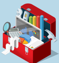 Red toolbox including helpful tools and resources from SAO's Center for Government Innovation
