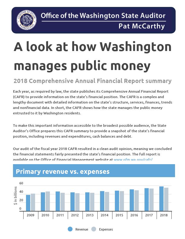 The first screen of the summary infographic of the 2018 Comprehensive Annual Financial Report for the state of Washington.