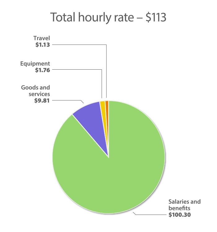 Pie chart showing breakdown of total hourly billing rate - $113
