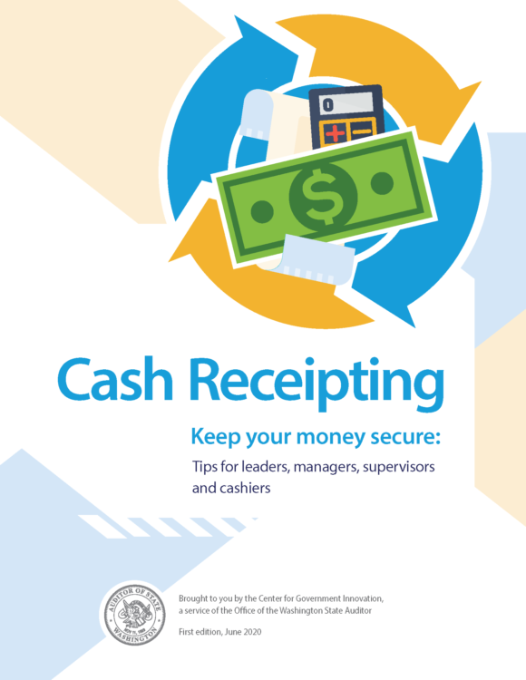 Cover of Cash Receipting Guide, with blue and gold arrows forming a circle.