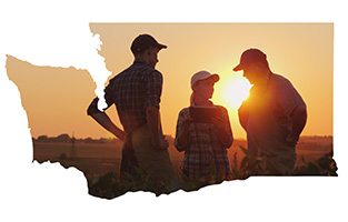 Washington state map with farmers at sunset